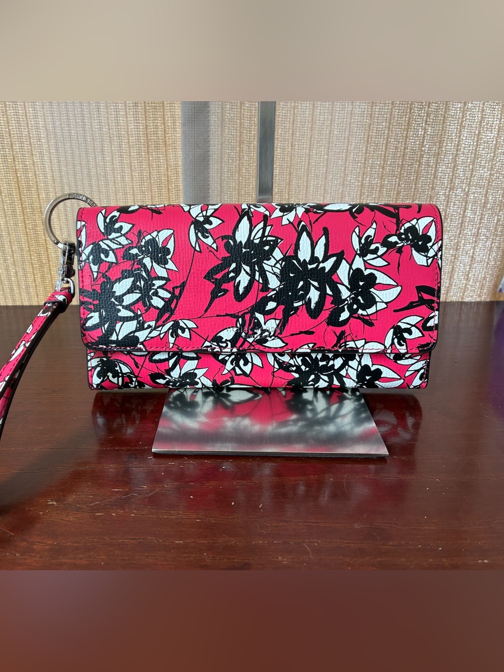 henri bendel Pink Floral Wristlet Clutch with Black and White Print